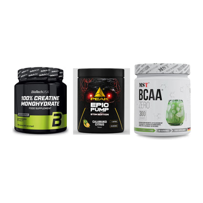 Kraft-Stack: BioTech Creatine + Peak Epic Pump + MST BCAA Zero – alle enthaltenen Artikel
