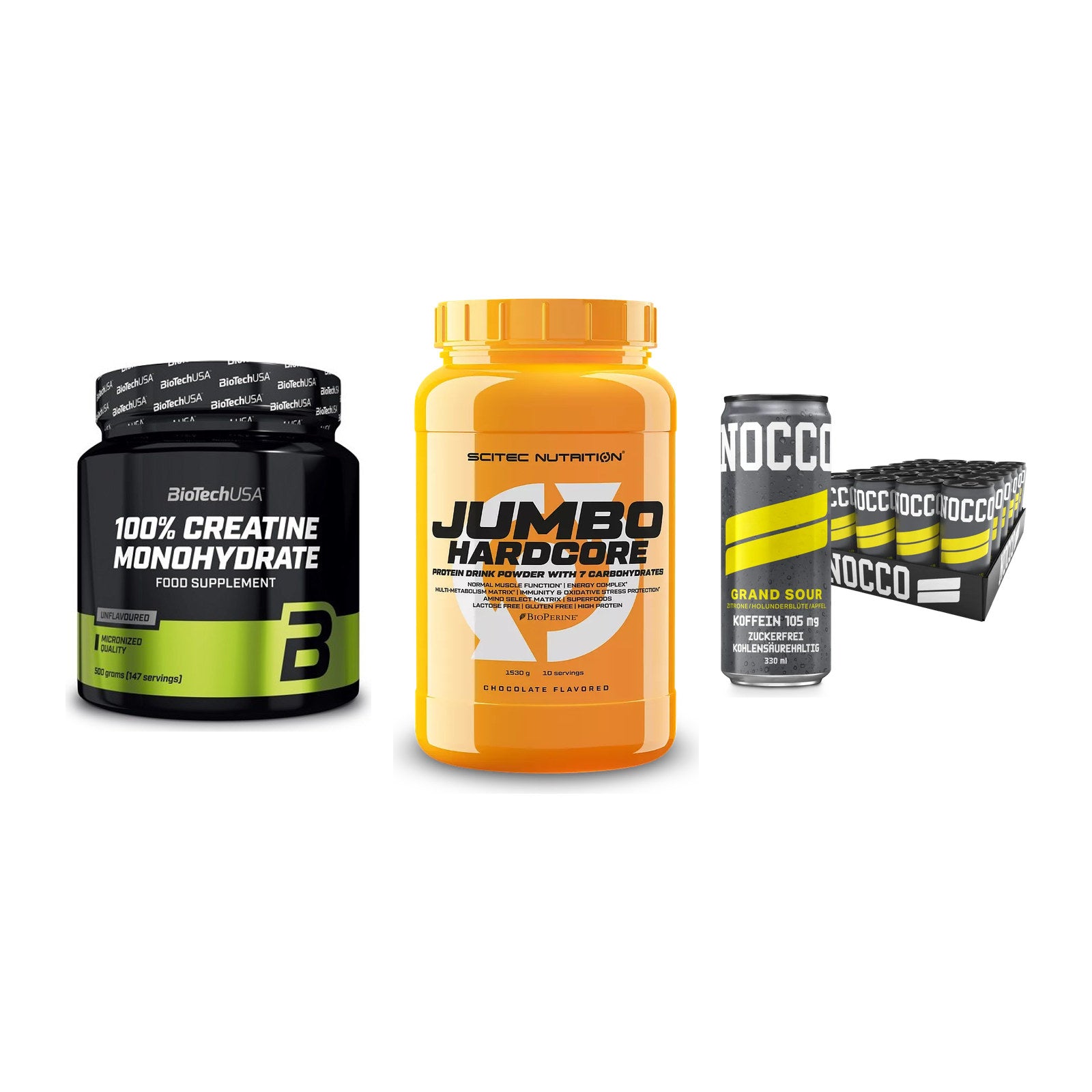 Kraft-Stack: BioTech Creatine + Scitec Jumbo + Nocco BCAA Drink – alle enthaltenen Artikel