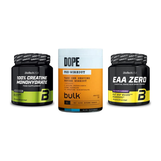 Kraft-Stack: BioTech Creatine + Bulk Dope + BioTech EAA Zero – alle enthaltenen Artikel