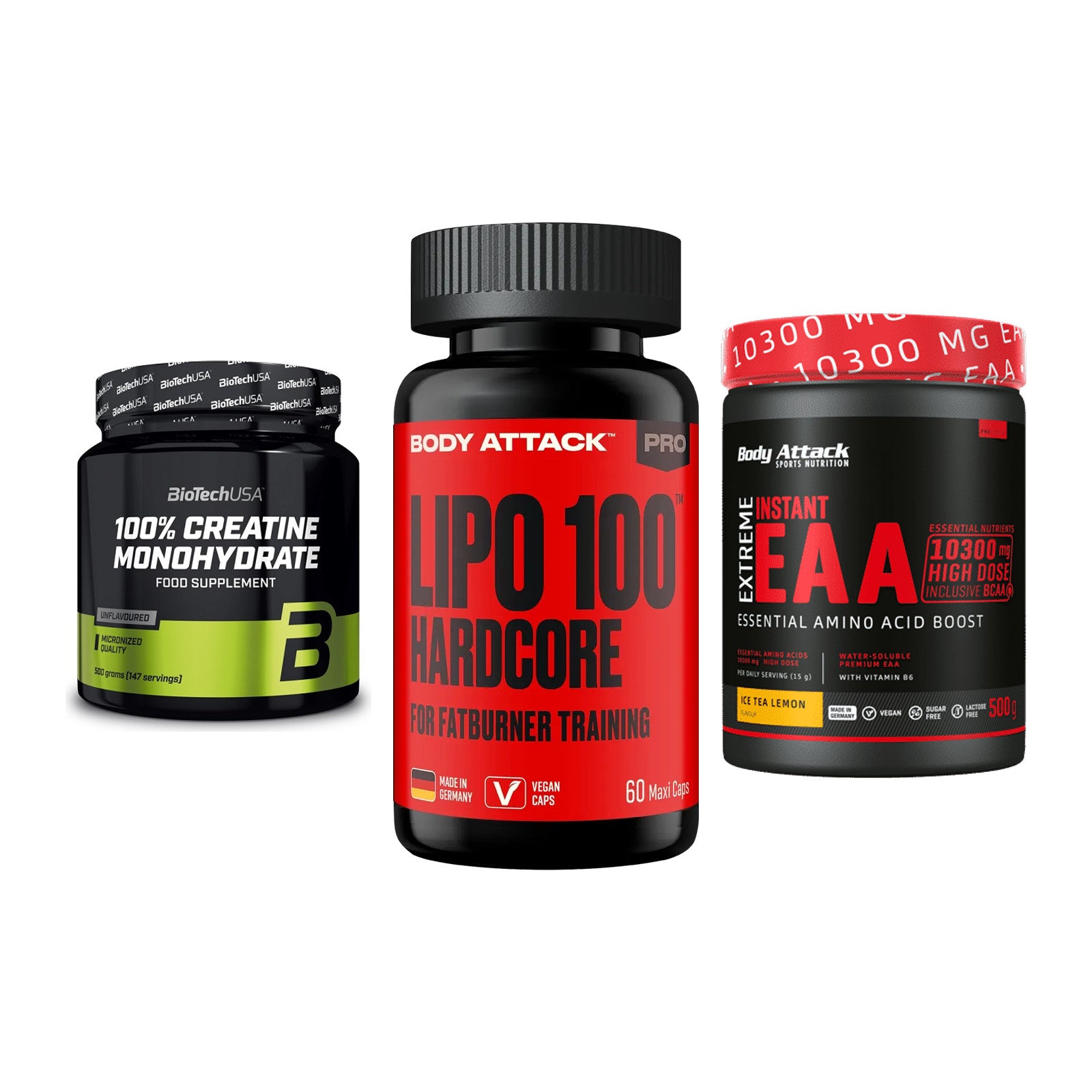 Kraft-Stack: BioTech Creatine + Body Attack LIPO + Body Attack – alle enthaltenen Artikel