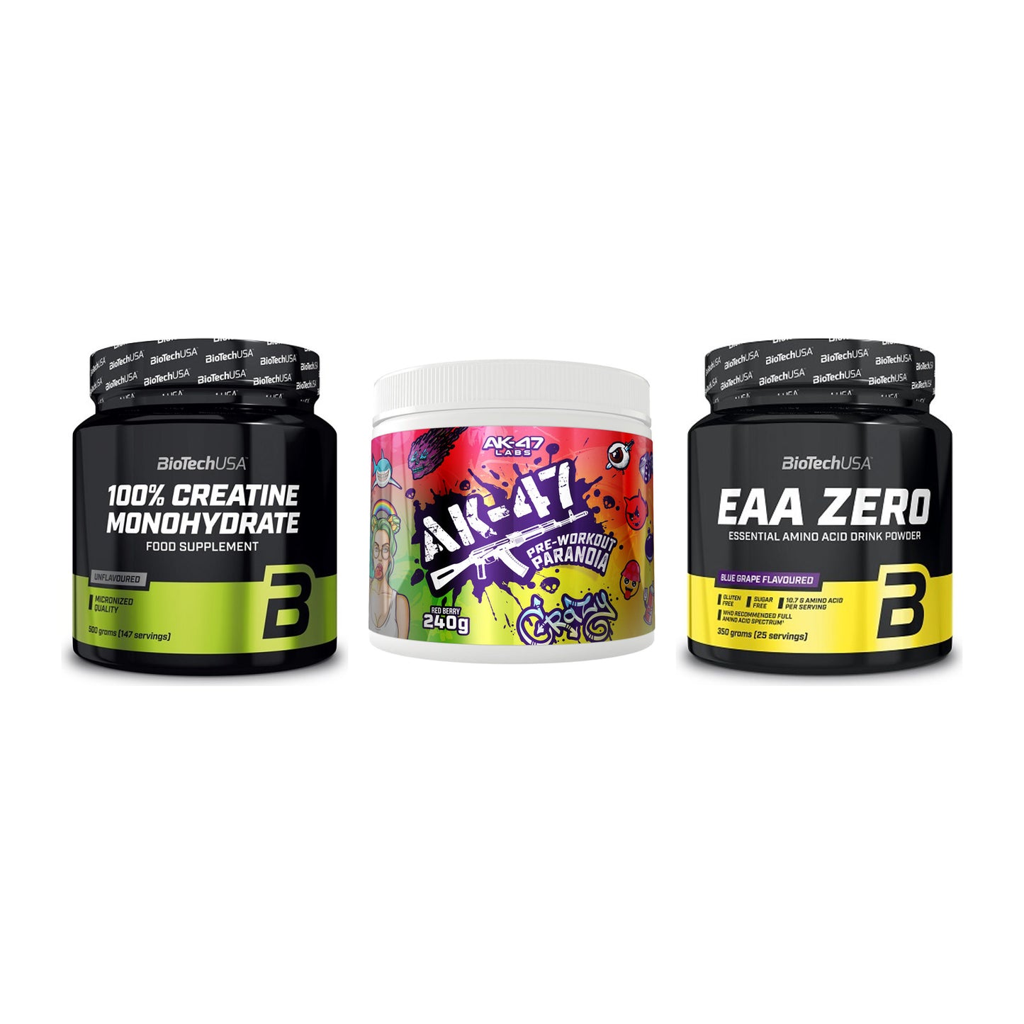Kraft-Stack: BioTech Creatine + AK47 Labs + BioTech EAA Zero – alle enthaltenen Artikel