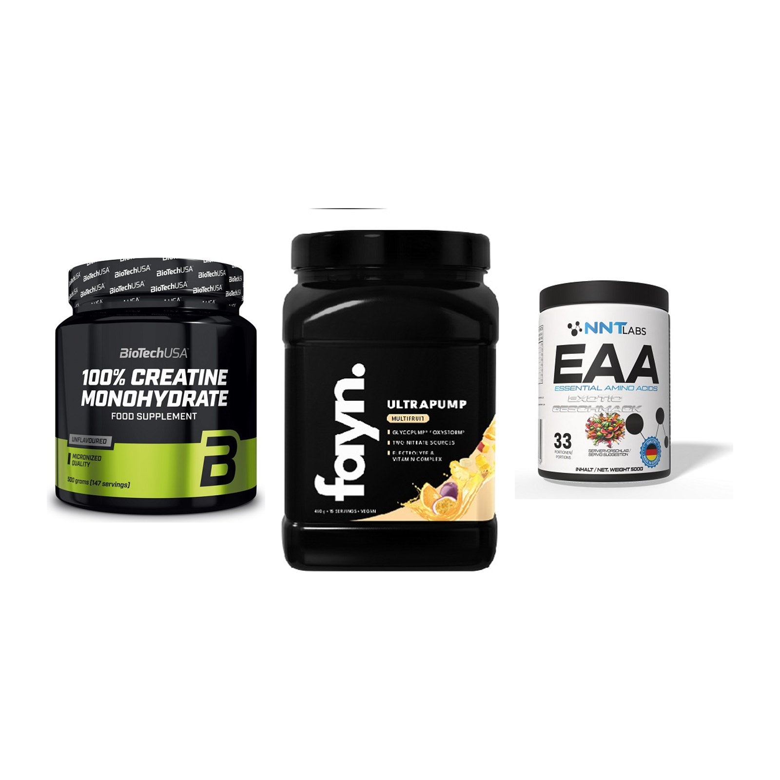 Kraft-Stack: BioTech Creatine Monohydrate + Fayn. Ultrapump + NNT EAA – alle enthaltenen Artikel