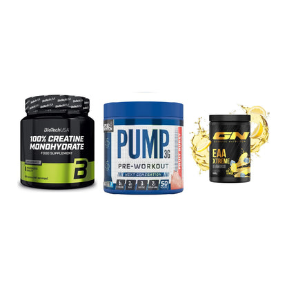 Kraft-Stack: BioTech Creatine + Applied Nutrition + GN EAA Xtreme – alle enthaltenen Artikel