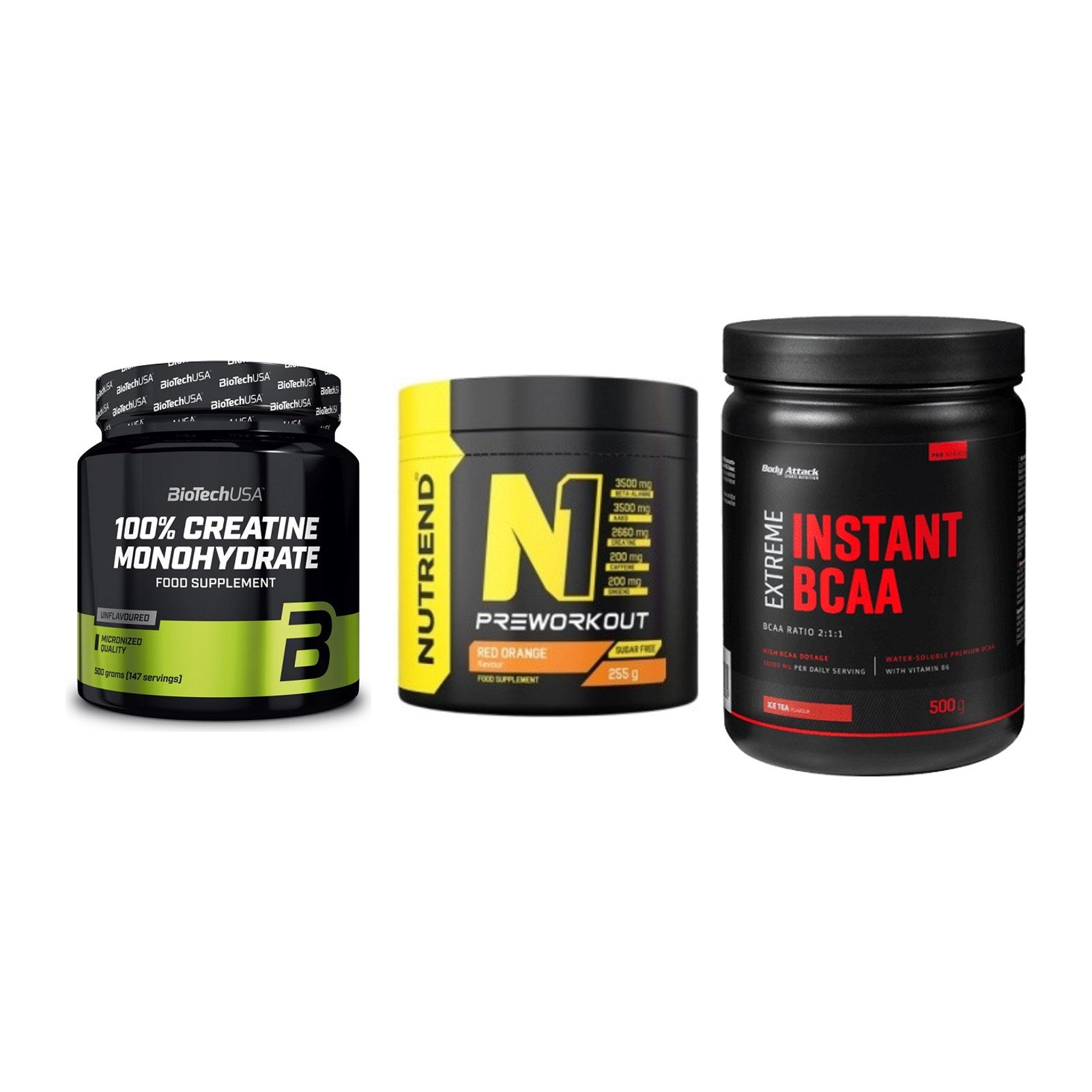 Kraft-Stack: BioTech Creatine + Nutrend N1 + Body Attack – alle enthaltenen Artikel