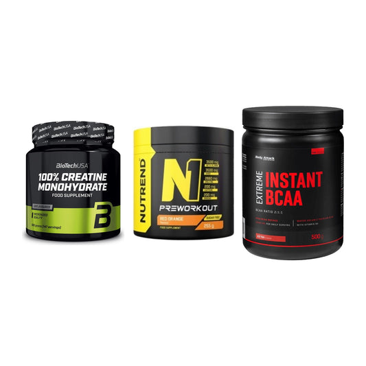 Kraft-Stack: BioTech Creatine + Nutrend N1 + Body Attack – alle enthaltenen Artikel