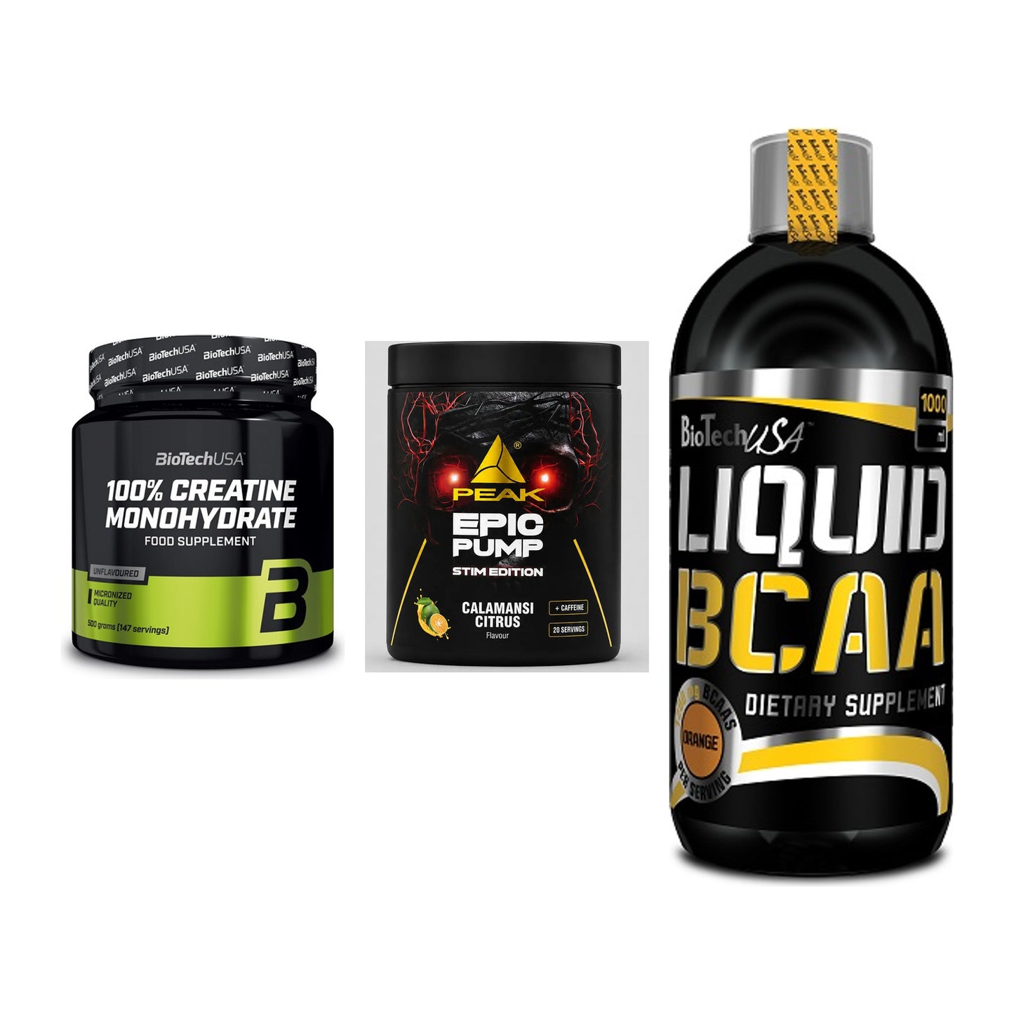 Kraft-Stack: BioTech Creatine + Peak Epic Pump + BioTech Liquid – alle enthaltenen Artikel