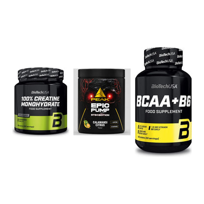 Kraft-Stack: BioTech Creatine + Peak Epic Pump + BioTech BCAA+B6 – alle enthaltenen Artikel