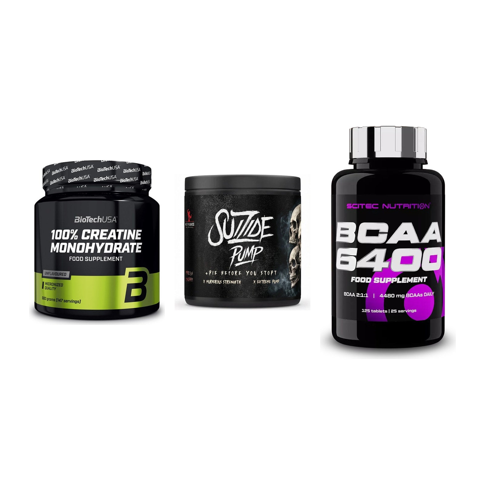 Kraft-Stack: BioTech Creatine + #GYMJUICE SUIZIDE + Scitec BCAA 6400 – alle enthaltenen Artikel