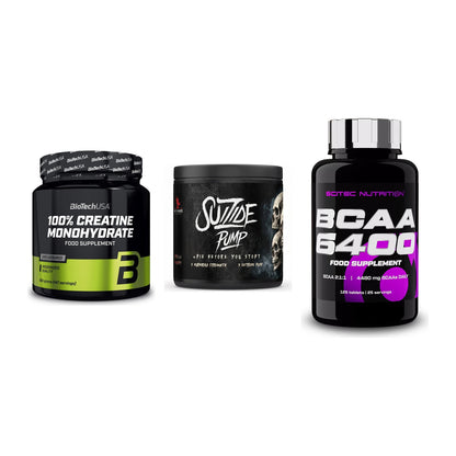Kraft-Stack: BioTech Creatine + #GYMJUICE SUIZIDE + Scitec BCAA 6400 – alle enthaltenen Artikel