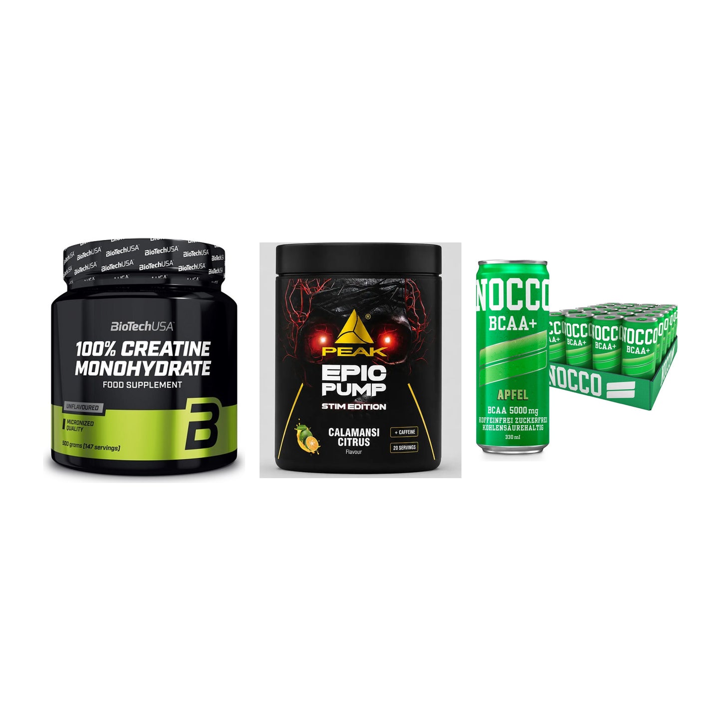Kraft-Stack: BioTech Creatine + Peak Epic Pump + Nocco BCAA Drink – alle enthaltenen Artikel