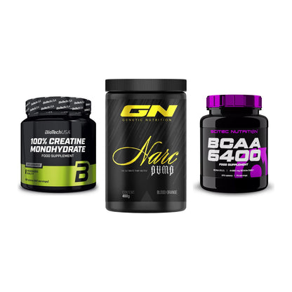Kraft-Stack: BioTech Creatine + GN Narc Pump + Scitec BCAA 6400 – alle enthaltenen Artikel
