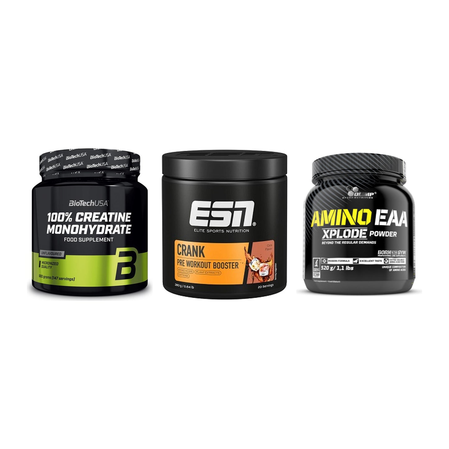 Kraft-Stack: BioTech Creatine + ESN Crank Booster + Olimp Amino EAA – alle enthaltenen Artikel