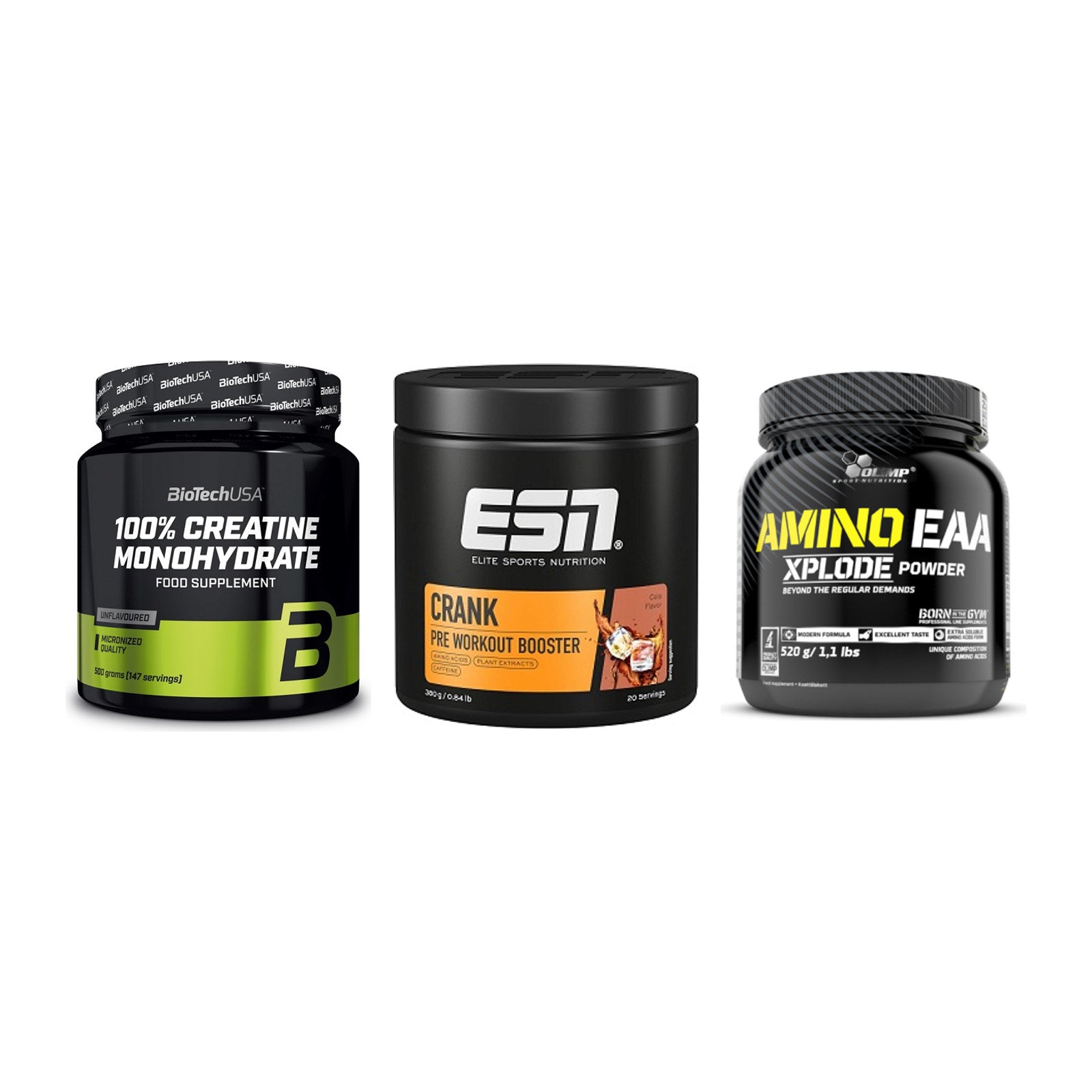 Kraft-Stack: BioTech Creatine + ESN Crank Booster + Olimp Amino EAA – alle enthaltenen Artikel