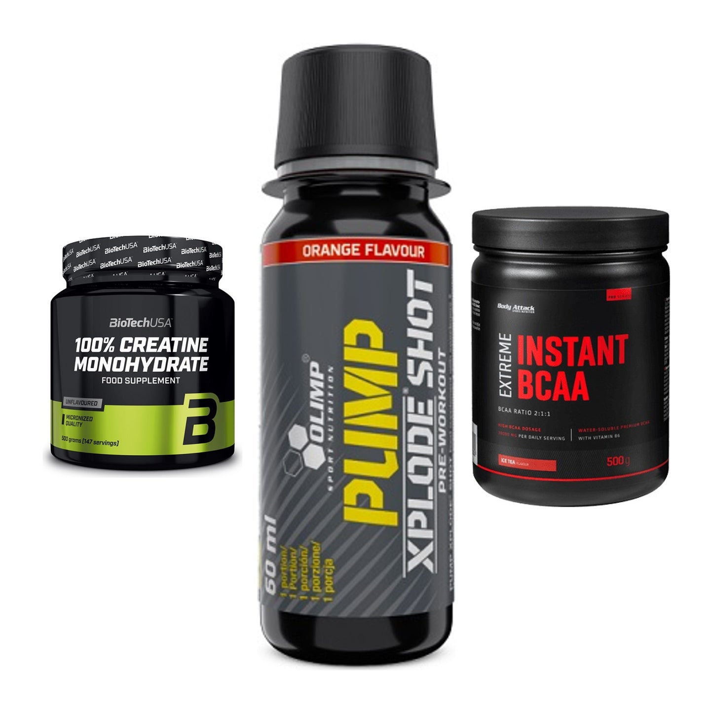 Kraft-Stack: BioTech Creatine + Olimp Pump Xplode + Body Attack – alle enthaltenen Artikel