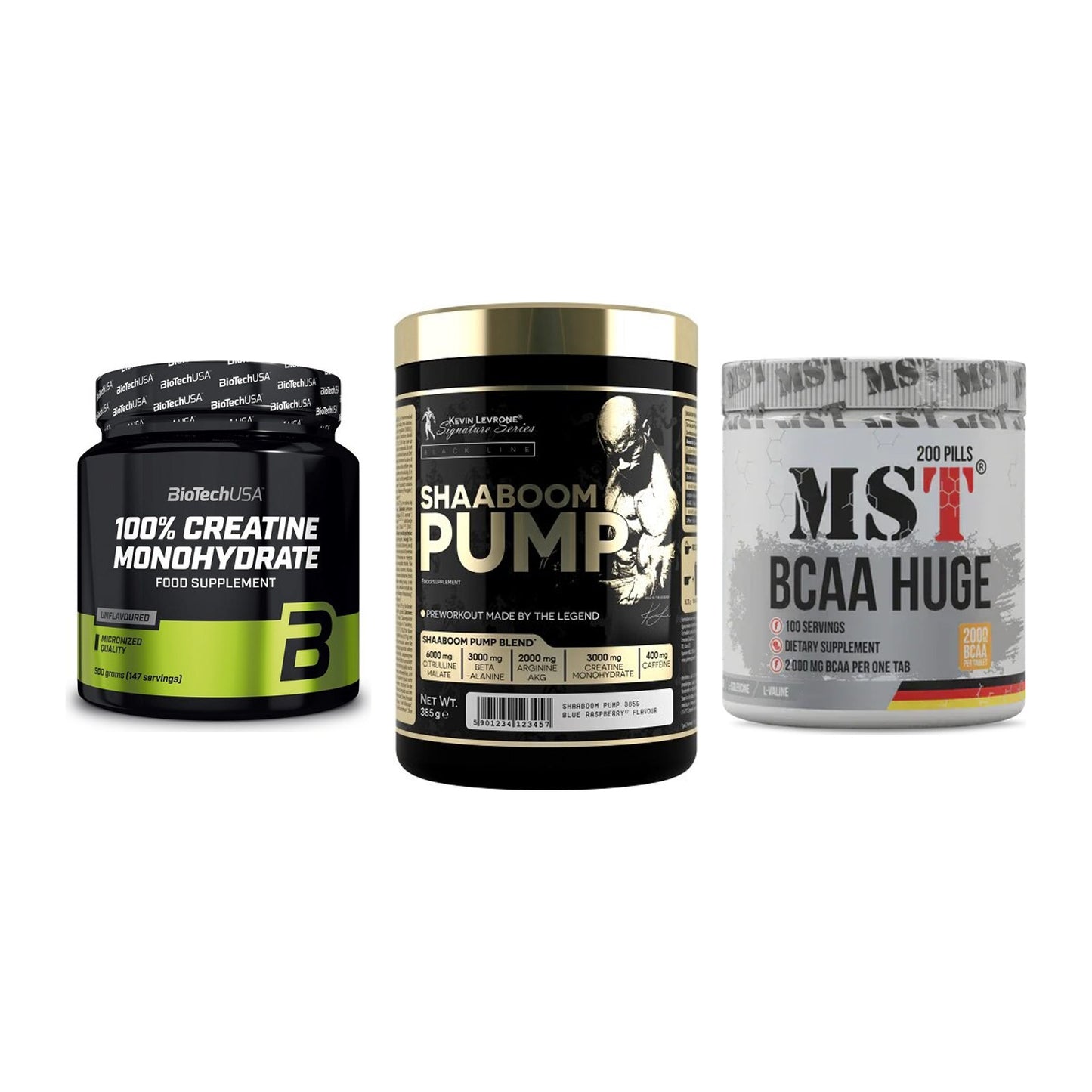 Kraft-Stack: BioTech Creatine + Kevin Levrone + MST BCAA Huge 200 – alle enthaltenen Artikel
