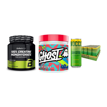 Kraft-Stack: BioTech Creatine + Ghost Legend V4 + Nocco BCAA Drink – alle enthaltenen Artikel