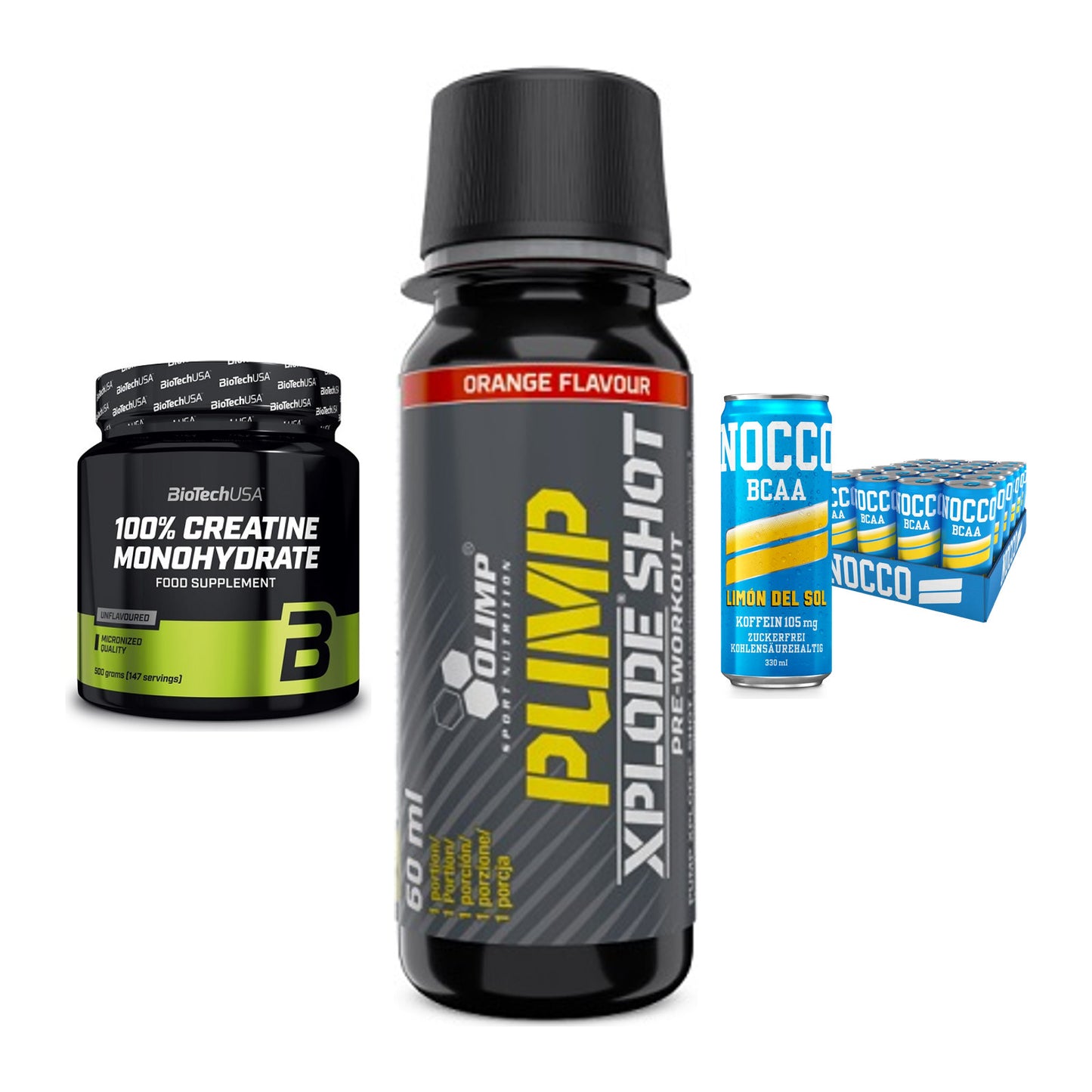 Kraft-Stack: BioTech Creatine + Olimp Pump Xplode + Nocco BCAA Drink – alle enthaltenen Artikel