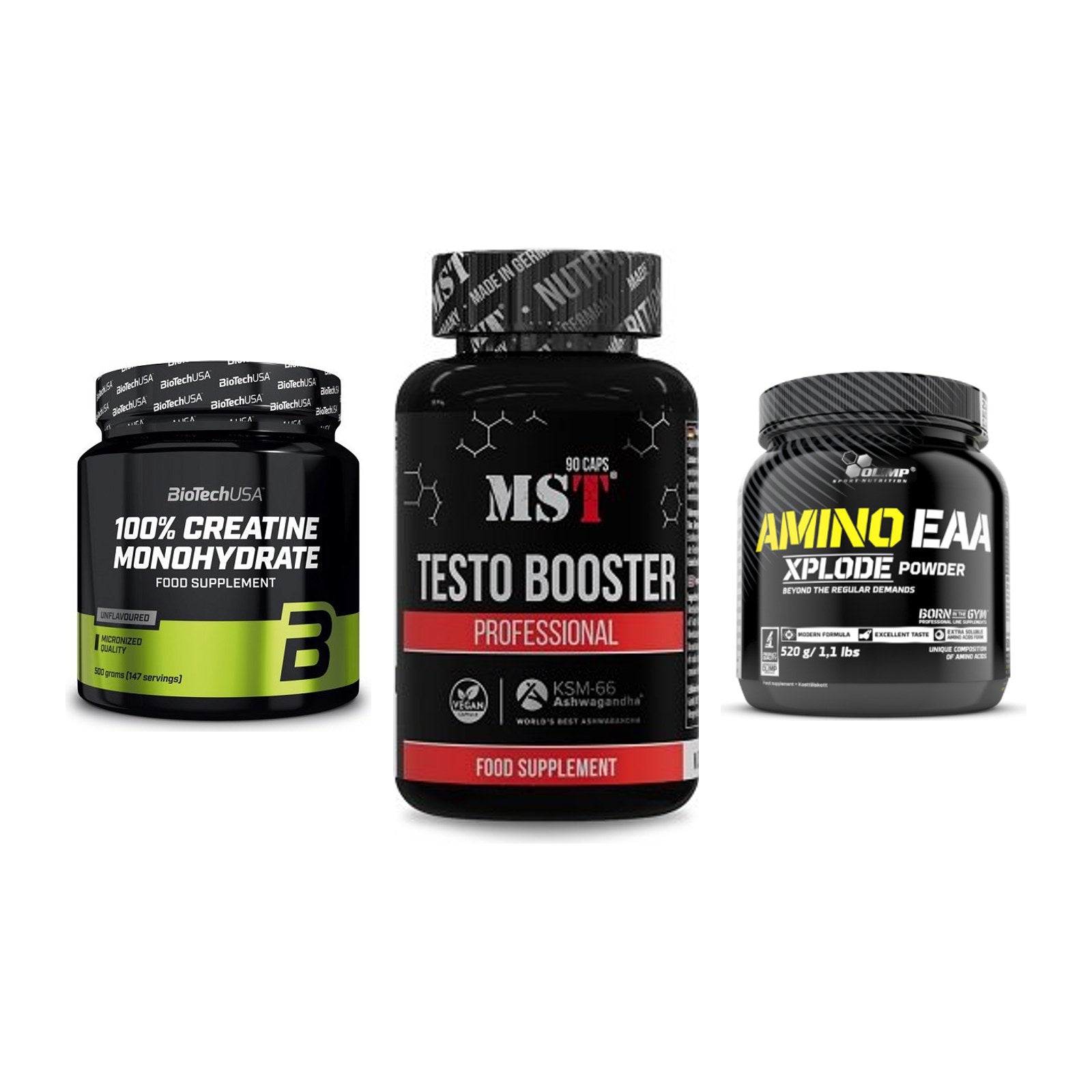 Kraft-Stack: BioTech Creatine + MST Testo Booster + Olimp Amino EAA – alle enthaltenen Artikel