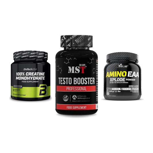 Kraft-Stack: BioTech Creatine + MST Testo Booster + Olimp Amino EAA – alle enthaltenen Artikel