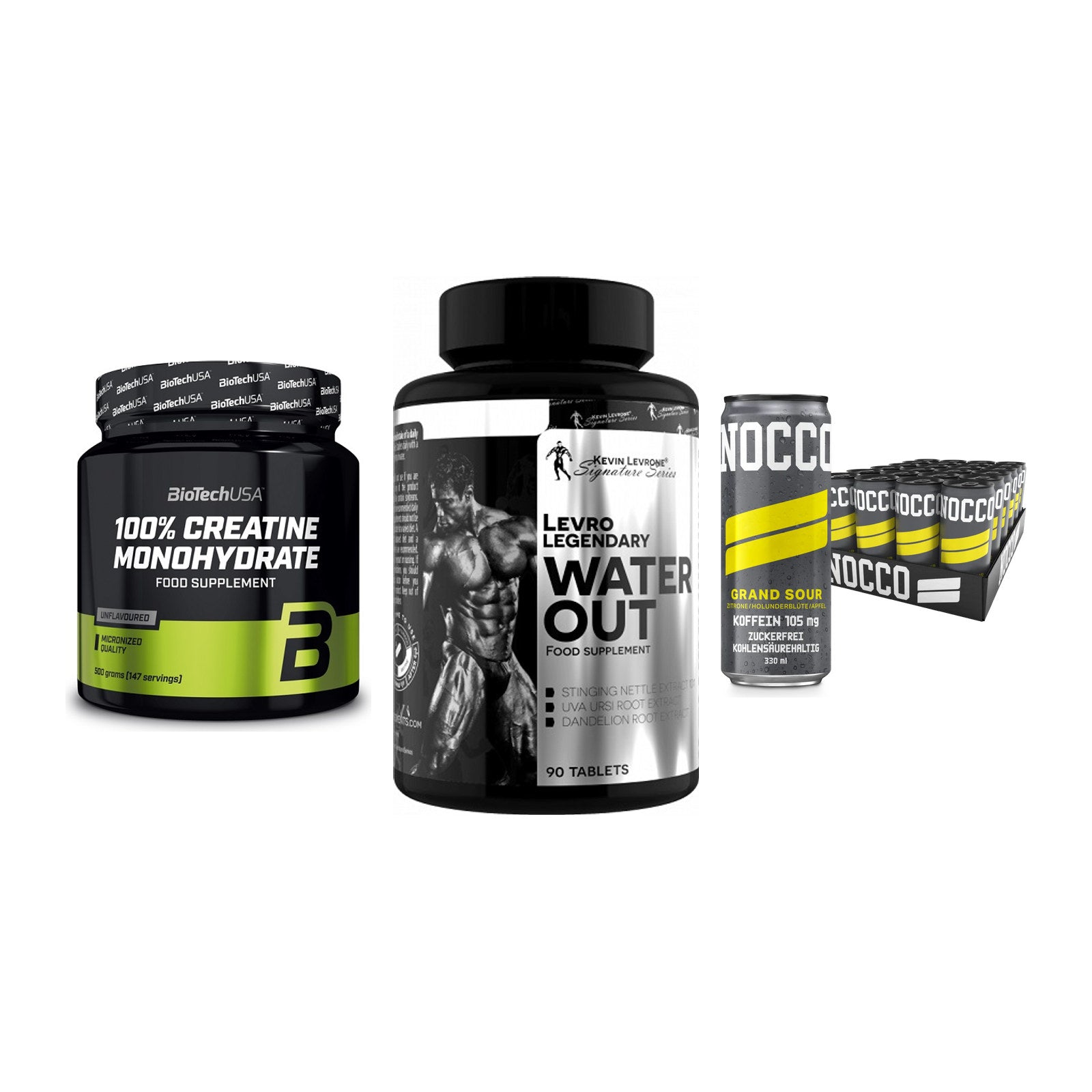Kraft-Stack: BioTech Creatine + Kevin Levrone + Nocco BCAA Drink – alle enthaltenen Artikel