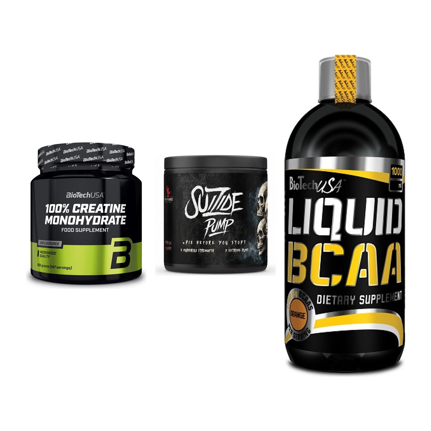 Kraft-Stack: BioTech Creatine + #GYMJUICE SUIZIDE + BioTech Liquid – alle enthaltenen Artikel
