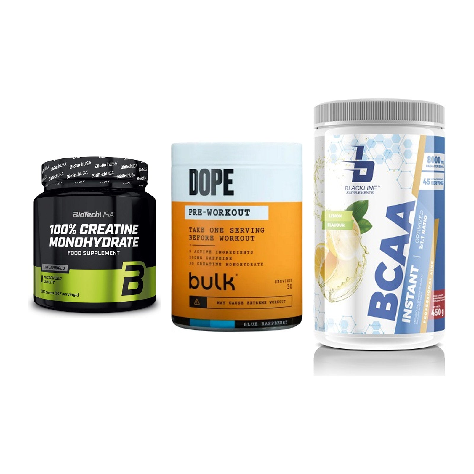 Kraft-Stack: BioTech Creatine + Bulk Dope + Blackline – alle enthaltenen Artikel