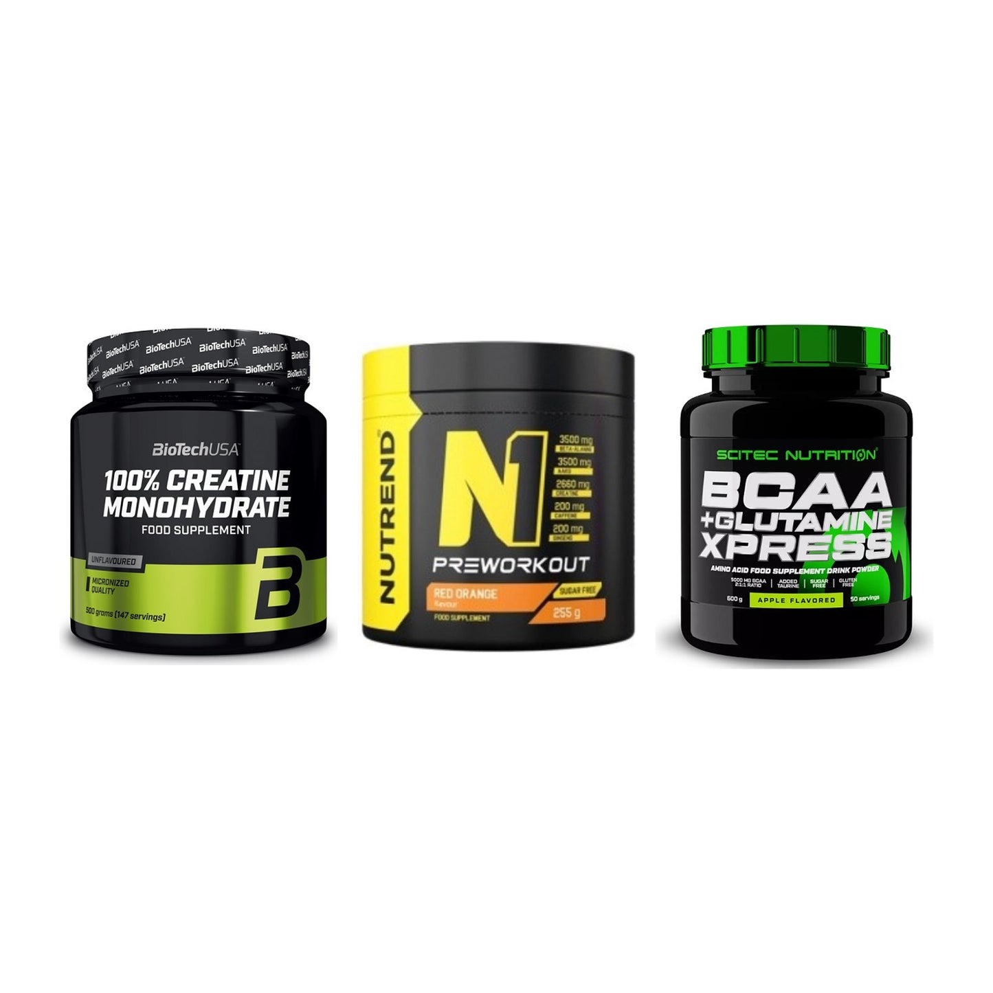 Kraft-Stack: BioTech Creatine + Nutrend N1 + Scitec BCAA – alle enthaltenen Artikel