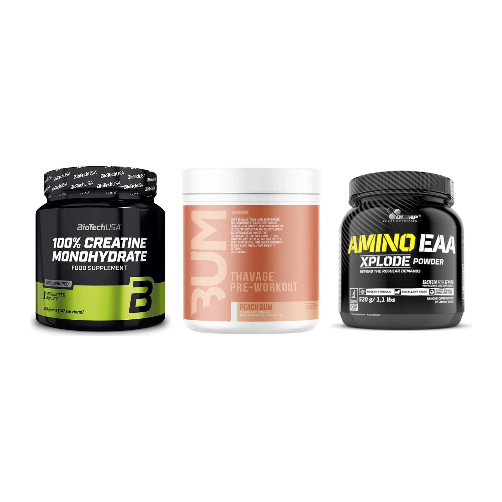 Kraft-Stack: BioTech Creatine + RAW Nutrition + Olimp Amino EAA – alle enthaltenen Artikel