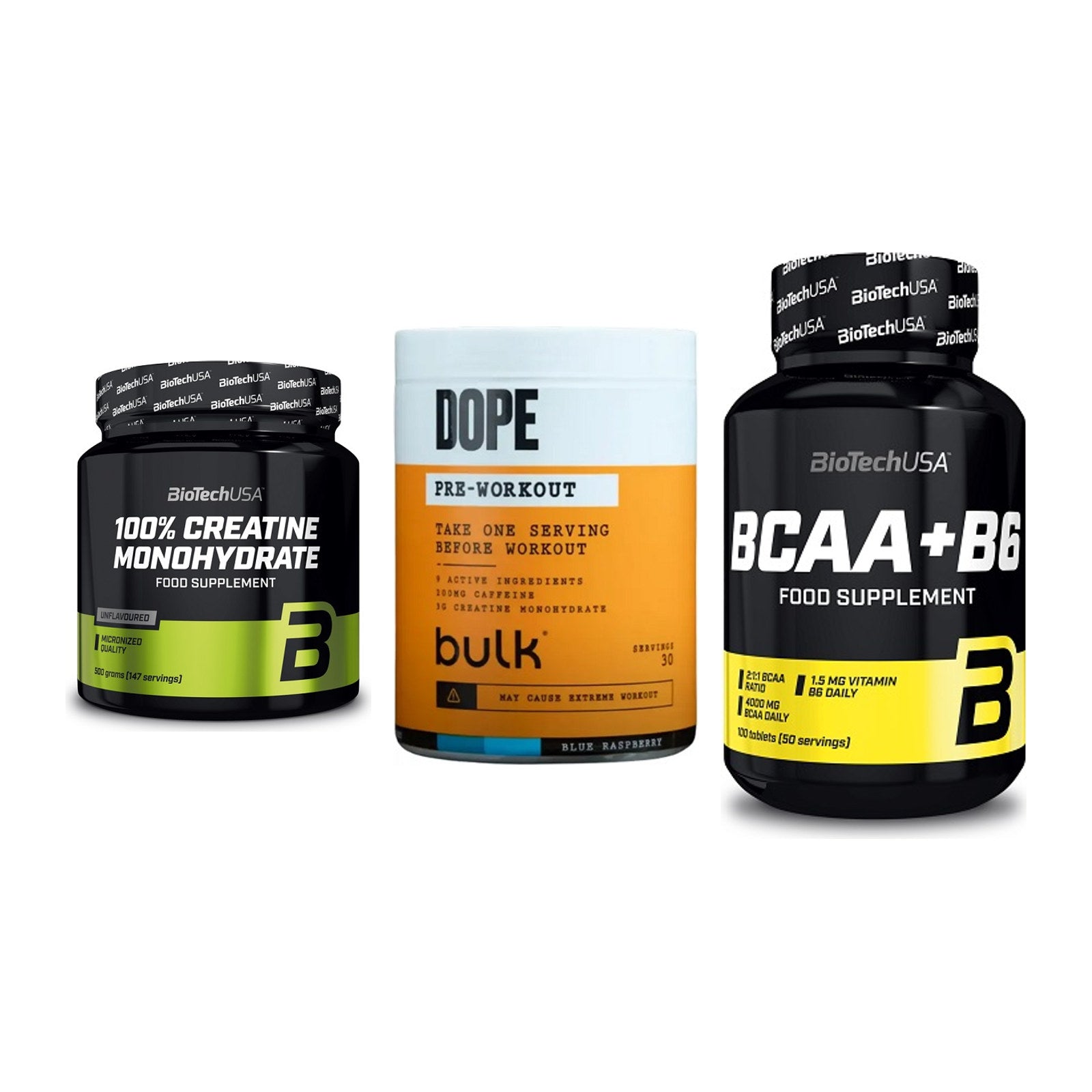 Kraft-Stack: BioTech Creatine + Bulk Dope + BioTech BCAA+B6 – alle enthaltenen Artikel