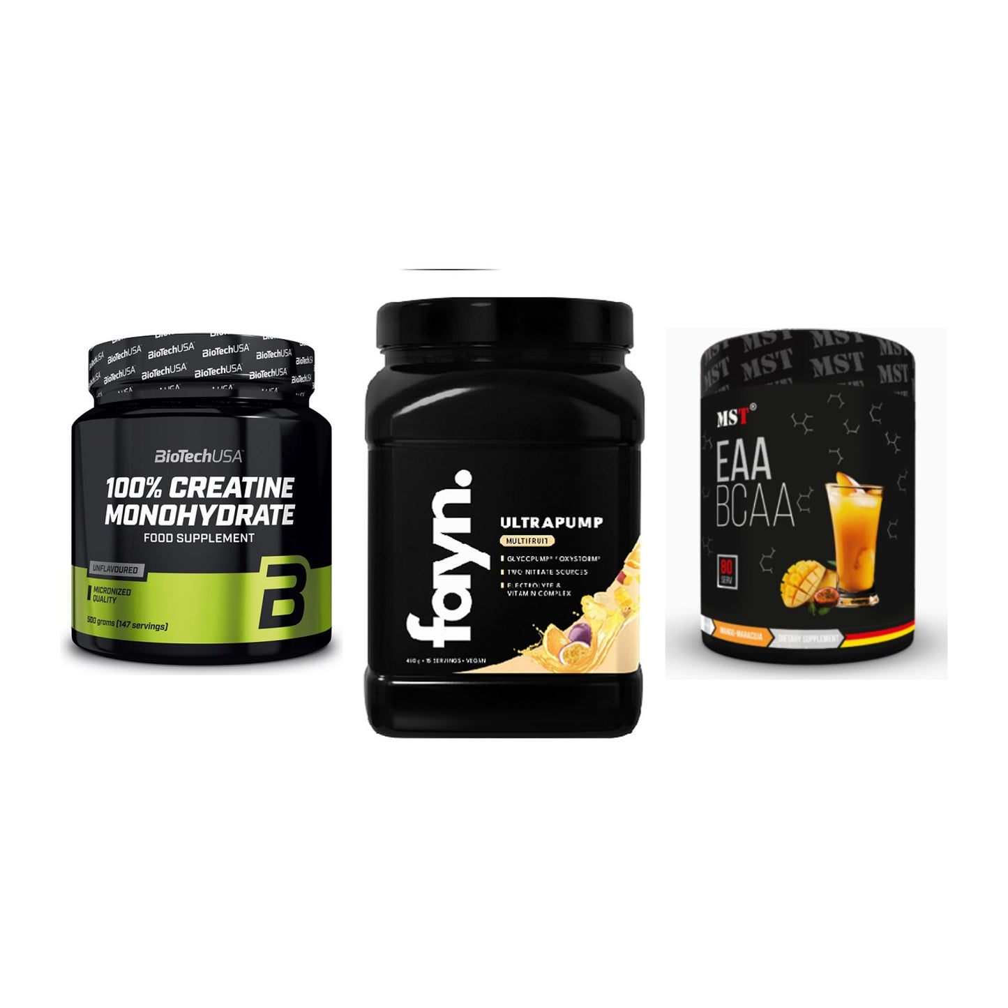 Kraft-Stack: BioTech Creatine + Fayn. Ultrapump + MST EAA & BCAA – alle enthaltenen Artikel