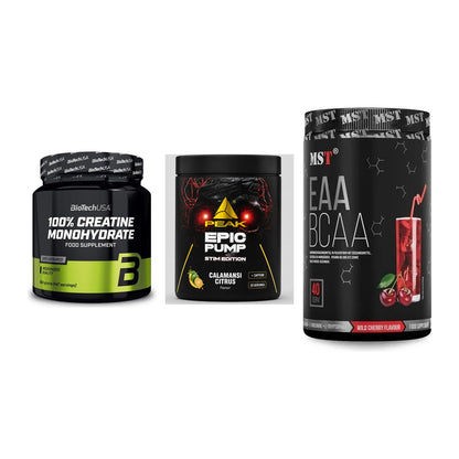 Kraft-Stack: BioTech Creatine + Peak Epic Pump + MST EAA & BCAA – alle enthaltenen Artikel