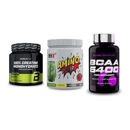 Kraft-Stack: BioTech Creatine + MST Amino Pump + Scitec BCAA 6400 – alle enthaltenen Artikel