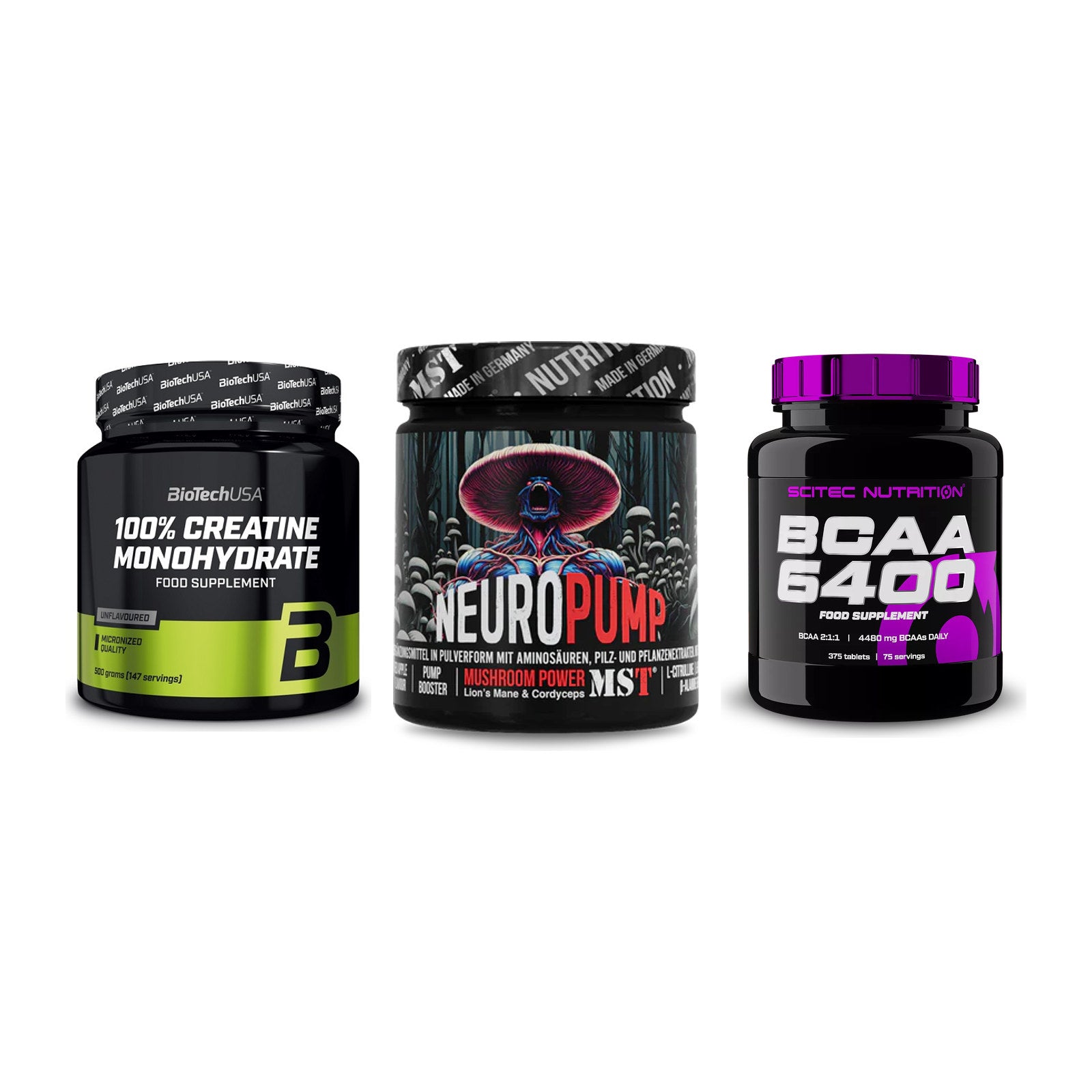 Kraft-Stack: BioTech Creatine + MST NeuroPump + Scitec BCAA 6400 – alle enthaltenen Artikel