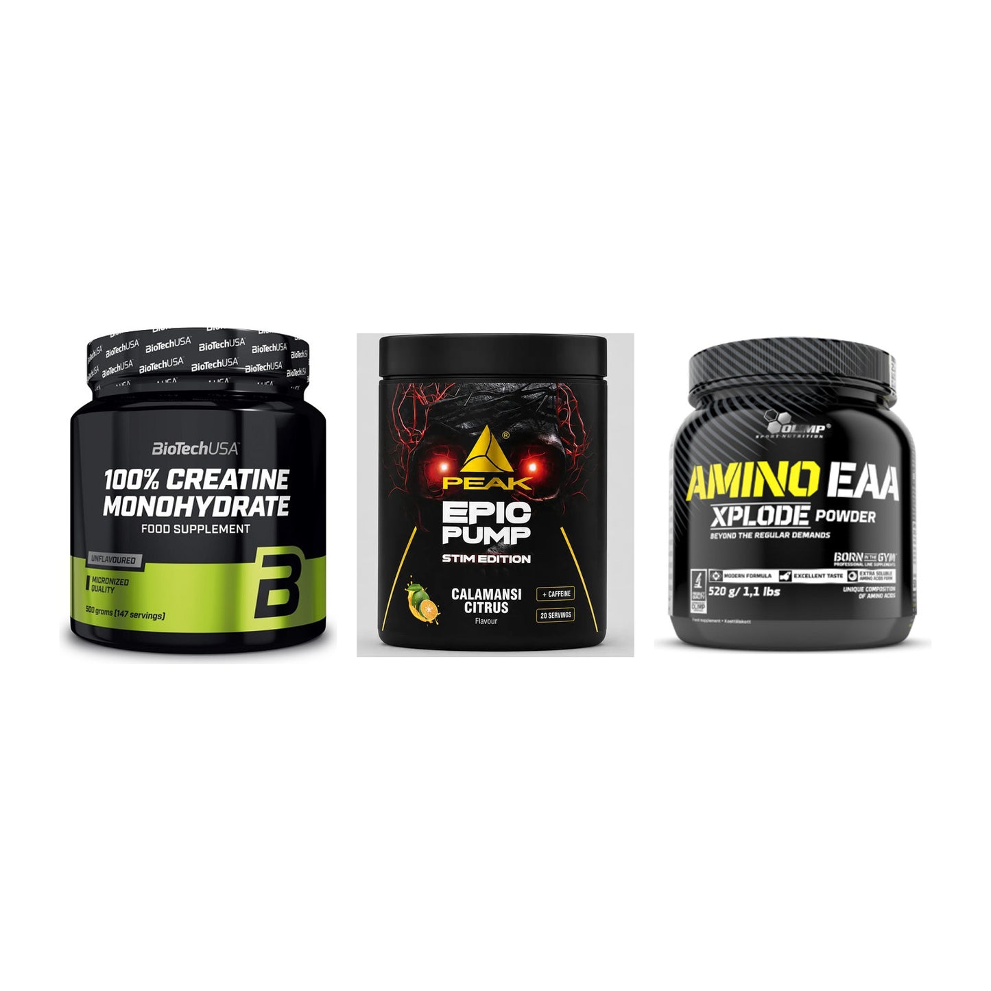 Kraft-Stack: BioTech Creatine + Peak Epic Pump + Olimp Amino EAA – alle enthaltenen Artikel