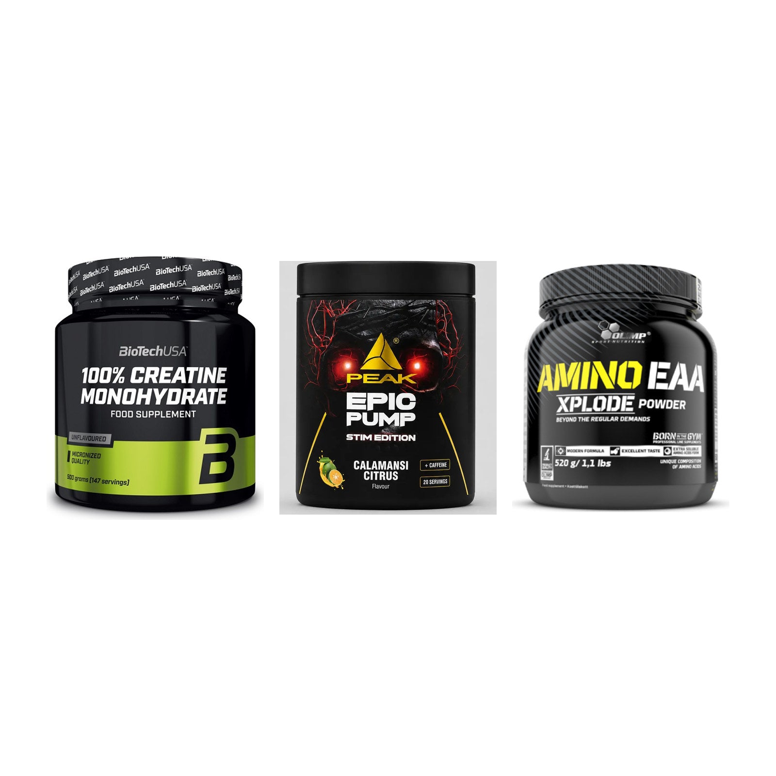 Kraft-Stack: BioTech Creatine + Peak Epic Pump + Olimp Amino EAA – alle enthaltenen Artikel