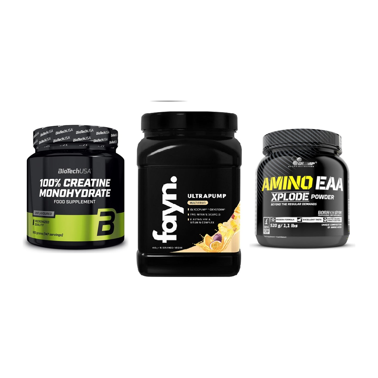 Kraft-Stack: BioTech Creatine + Fayn. Ultrapump + Olimp Amino EAA – alle enthaltenen Artikel