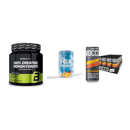 Kraft-Stack: BioTech Creatine + FA Nutrition ICE + Nocco BCAA Drink – alle enthaltenen Artikel