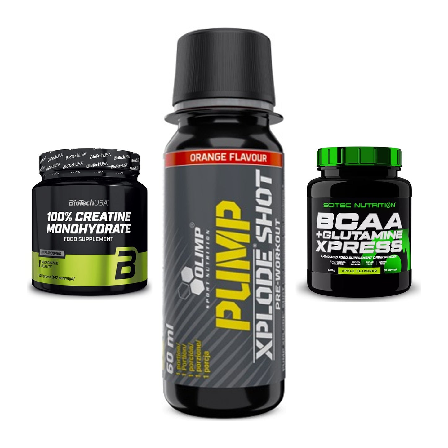 Kraft-Stack: BioTech Creatine + Olimp Pump Xplode + Scitec BCAA – alle enthaltenen Artikel