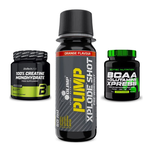 Kraft-Stack: BioTech Creatine + Olimp Pump Xplode + Scitec BCAA – alle enthaltenen Artikel