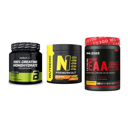 Kraft-Stack: BioTech Creatine + Nutrend N1 + Body Attack – alle enthaltenen Artikel