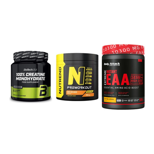 Kraft-Stack: BioTech Creatine + Nutrend N1 + Body Attack – alle enthaltenen Artikel