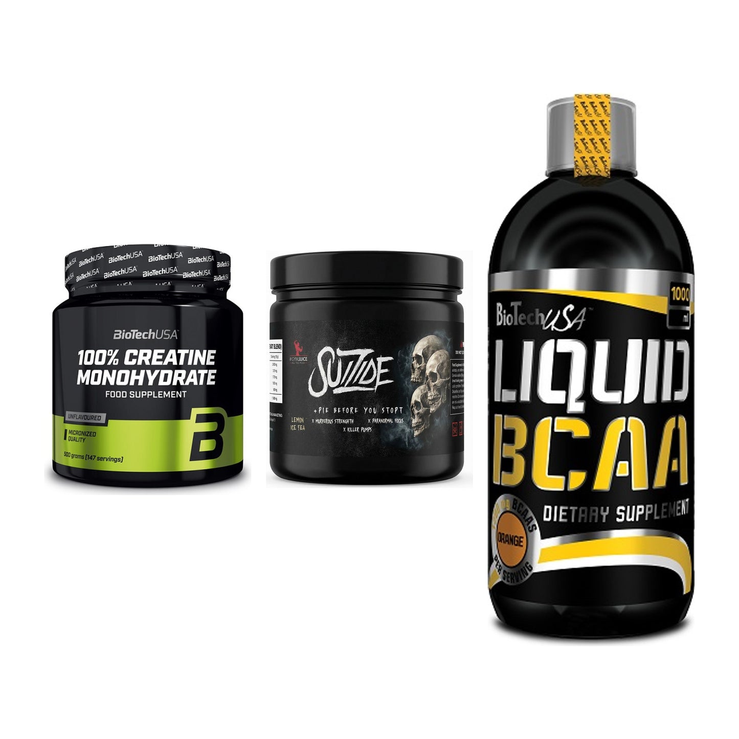 Kraft-Stack: BioTech Creatine + #GYMJUICE SUIZIDE + BioTech Liquid – alle enthaltenen Artikel