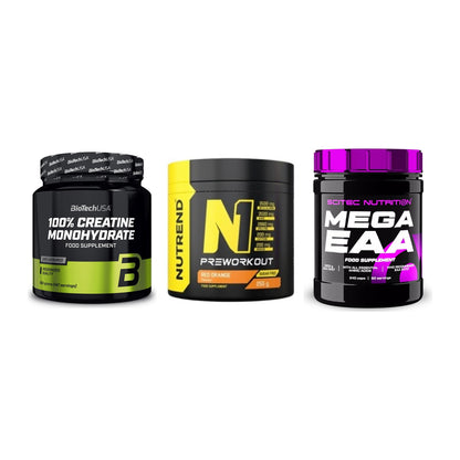 Kraft-Stack: BioTech Creatine + Nutrend N1 + Scitec Mega EAA – alle enthaltenen Artikel