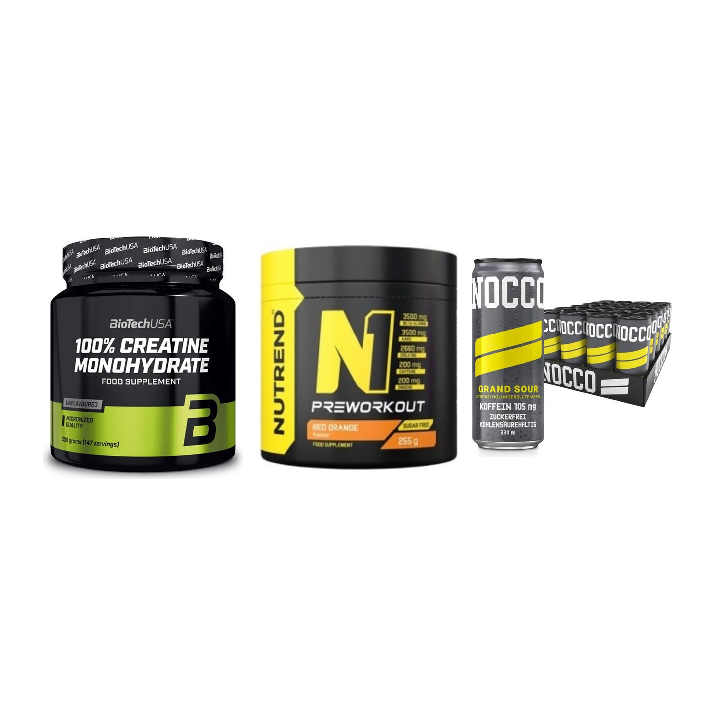 Kraft-Stack: BioTech Creatine + Nutrend N1 + Nocco BCAA Drink – alle enthaltenen Artikel