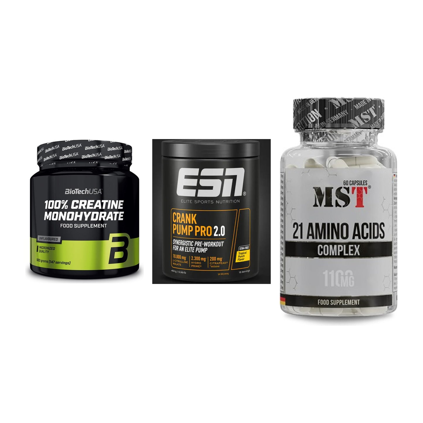Kraft-Stack: BioTech Creatine + ESN Crank Pump + MST 21 Amino – alle enthaltenen Artikel