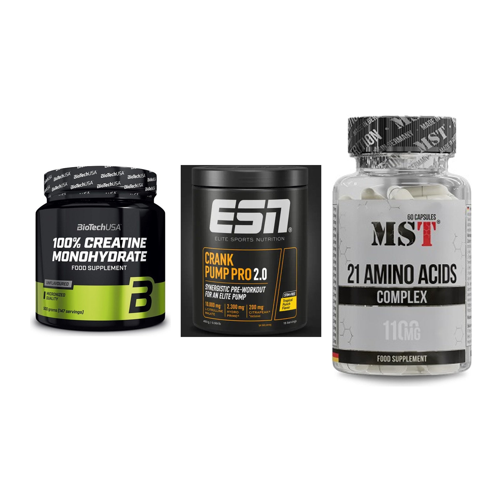 Kraft-Stack: BioTech Creatine + ESN Crank Pump + MST 21 Amino – alle enthaltenen Artikel