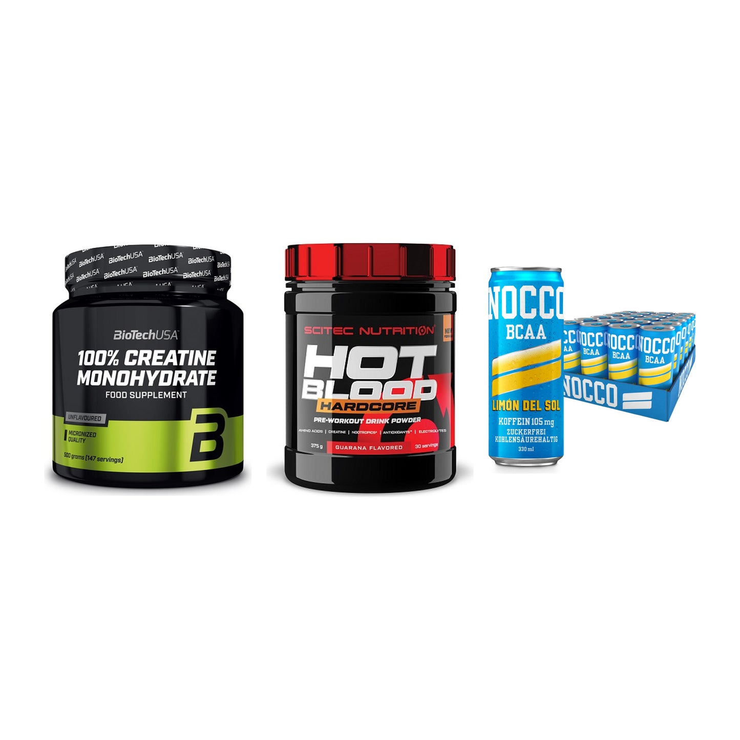 Kraft-Stack: BioTech Creatine + Scitec Hot Blood + Nocco BCAA Drink – alle enthaltenen Artikel