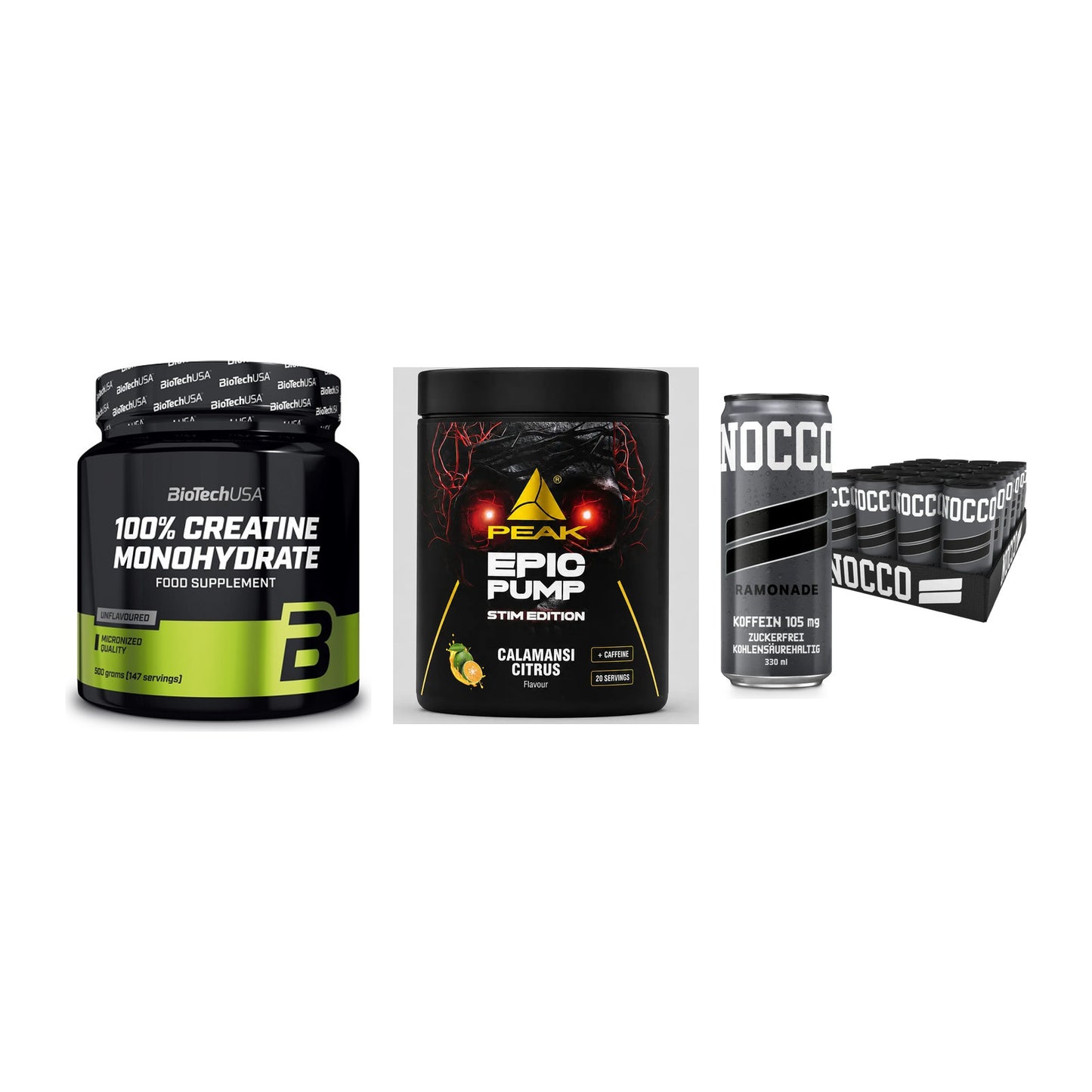 Kraft-Stack: BioTech Creatine + Peak Epic Pump + Nocco BCAA Drink – alle enthaltenen Artikel
