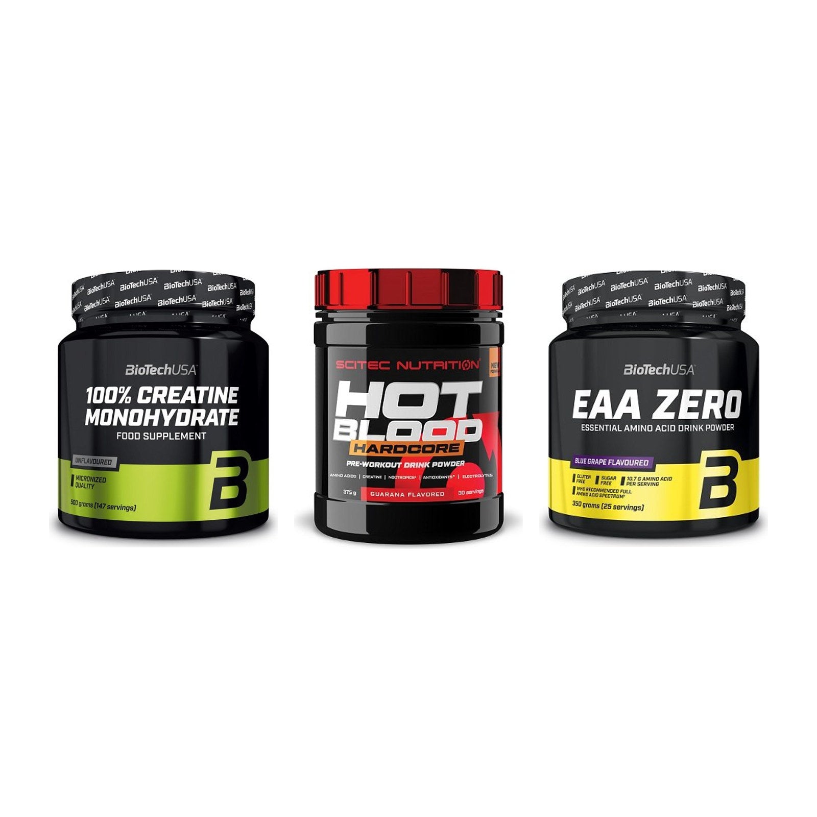 Kraft-Stack: BioTech Creatine + Scitec Hot Blood + BioTech EAA Zero – alle enthaltenen Artikel