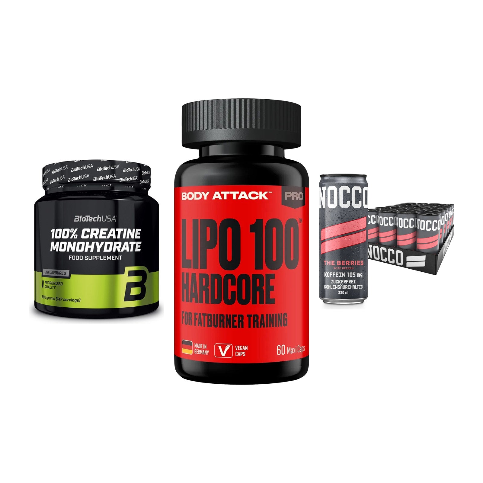 Kraft-Stack: BioTech Creatine + Body Attack LIPO + Nocco BCAA Drink – alle enthaltenen Artikel
